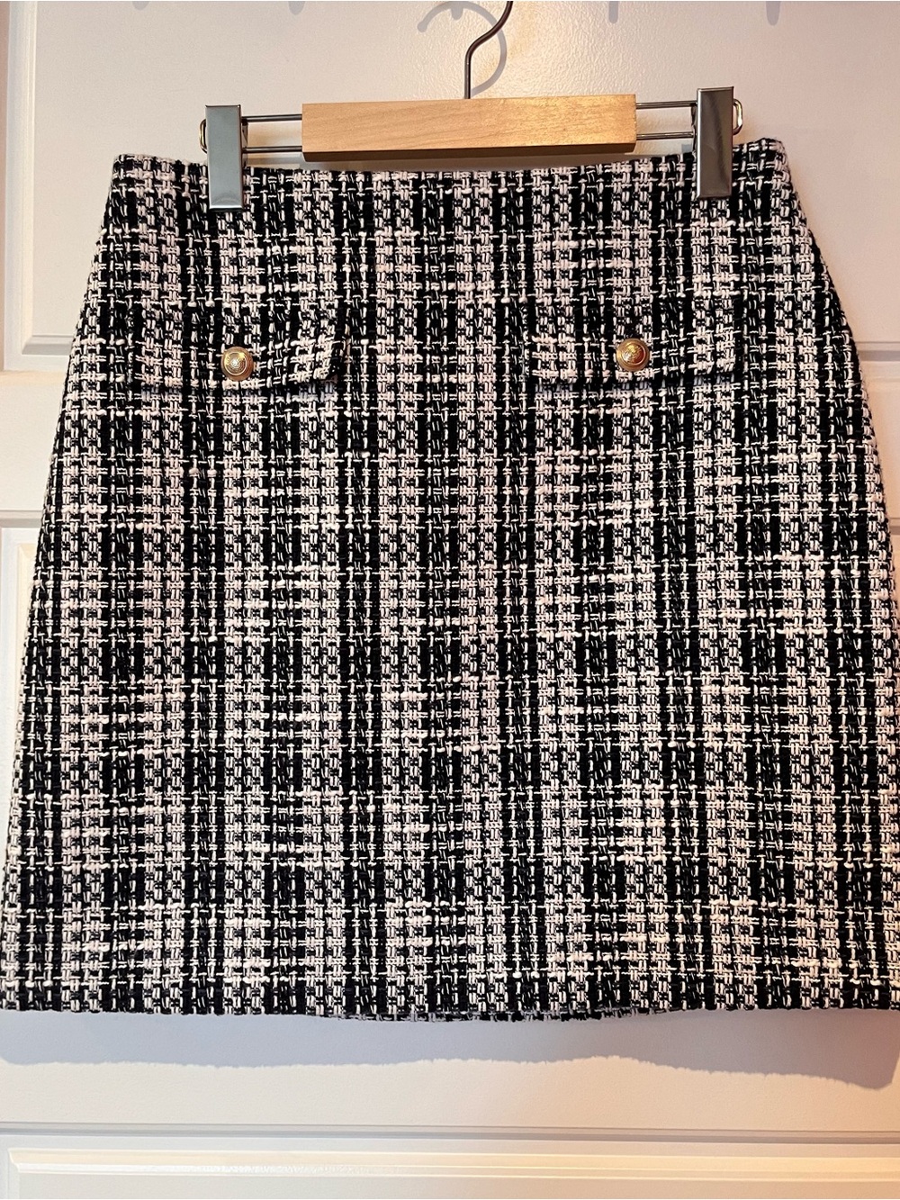 Simons by Contemporaine Blue and White Tweed Mini Skirt with Gold Buttons